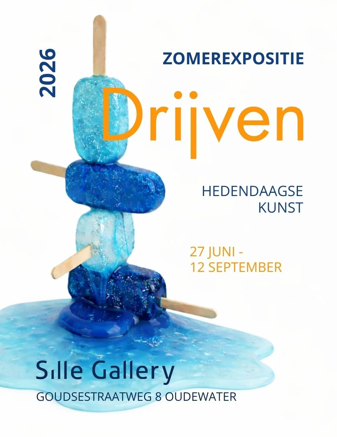 Een poster voor een zomertentoonstelling over hedendaagse kunst met ijslolly's in kunstvorm en tekst met details over de tentoonstelling.