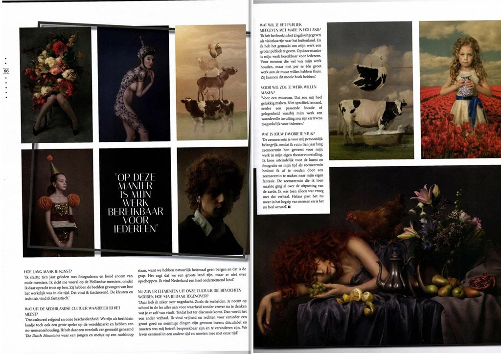 Collage van verschillende kunstfoto's en een tekstpagina, waaronder een jonge vrouw met een bloemkroon, een koe in een veld, een meisje met een koptelefoon in een veld, iemand met een balletstijl en een vrouw met rode krullen die op een tafel ligt na