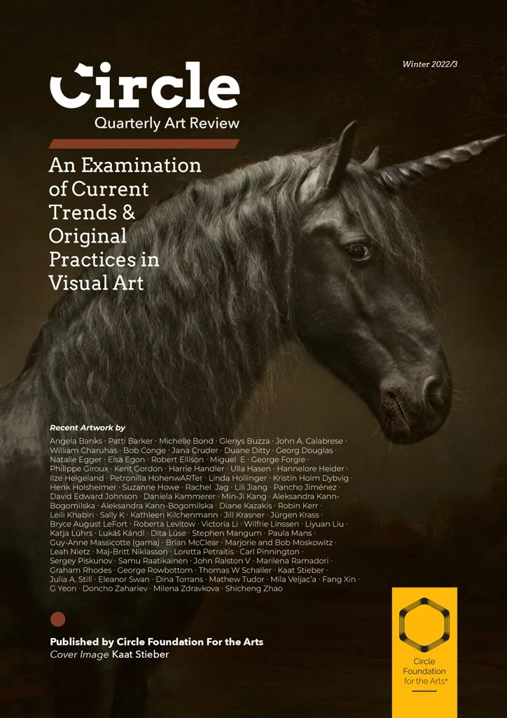 Voorpagina van een kunsttijdschrift genaamd 'Circle', met een afbeelding van een zwart paard met een eenhoornhoorn, tekst over de inhoud en een lijst van kunstenaars, en het logo van de Circle Foundation for the Arts in de rechterbenedenhoek.