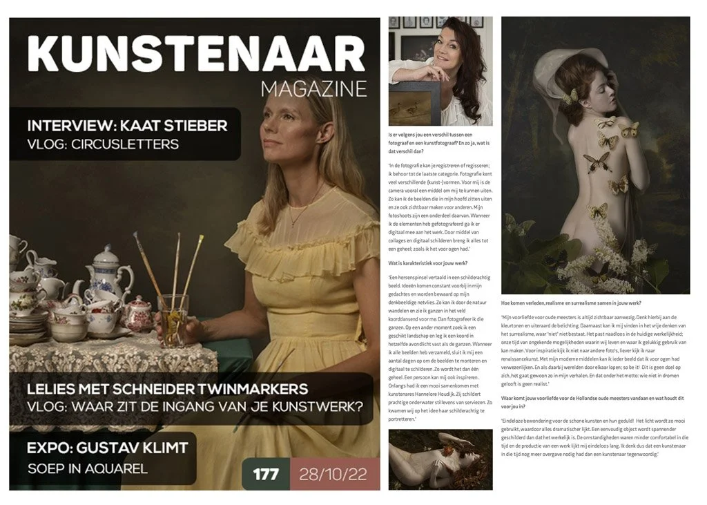 Voorpagina van Kunstenaarmagazine met een vrouw in gele jurk links, een jonge vrouw met een schilderij in het midden, en een klassieke schilderij van een jonge vrouw met vlinders rechts.