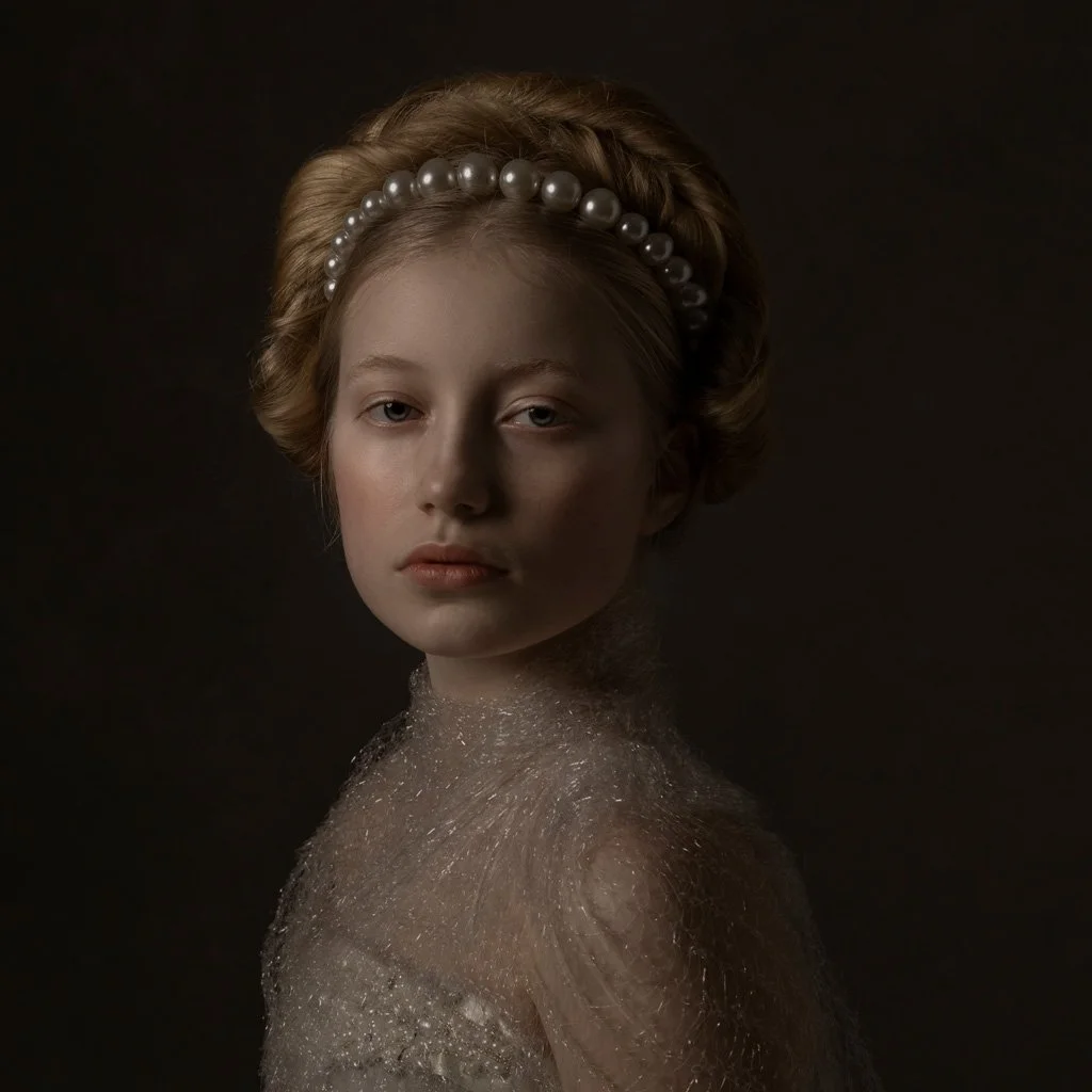 Portret van een jonge vrouw met een parelhoofdband, met feilloze huid, lichte make-up en een glanzende, lichte jurk tegen een donkere achtergrond.