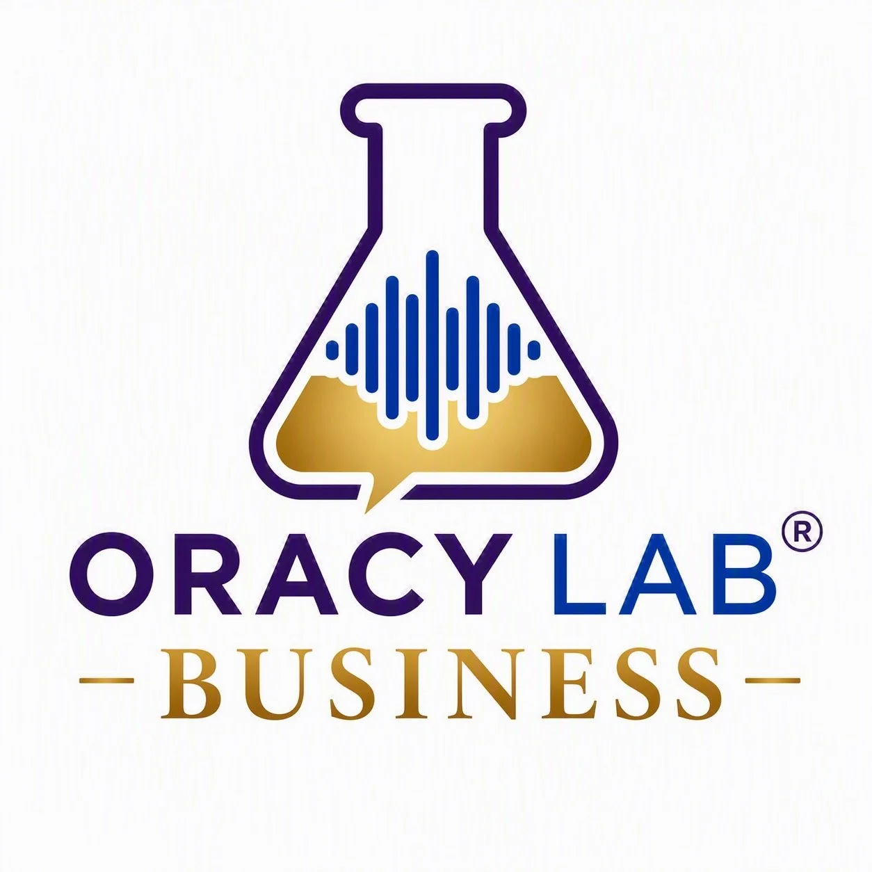 Logo for ORACY LAB BUSINESS featuring a conical flask with a speech bubble and sound wave design, with the words 'ORACY LAB' above 'BUSINESS'.