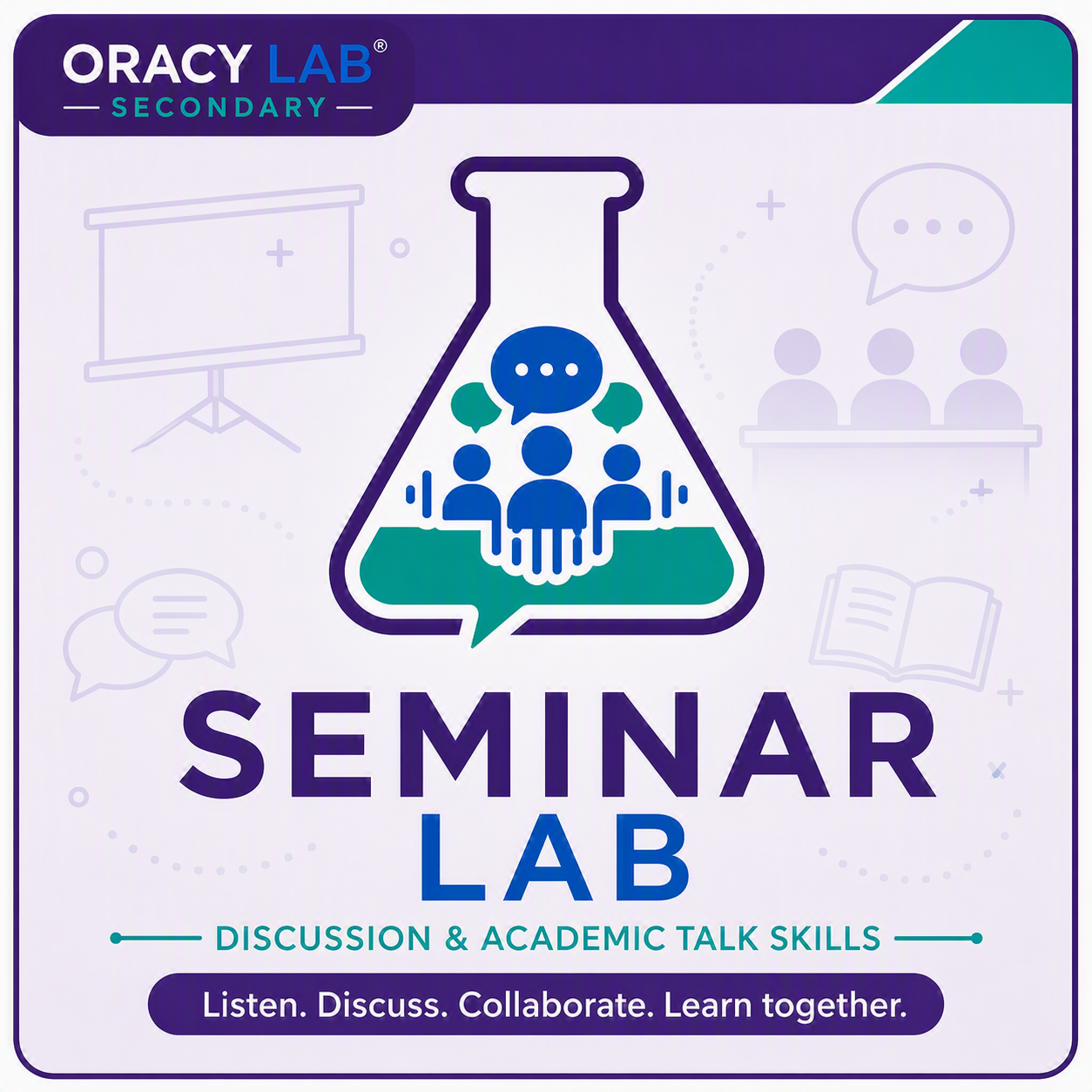 A promotional poster for the 'Seminar Lab,' a program focused on discussion and academic talk skills. The poster features a large illustration of a laboratory flask containing stylized icons of people, speech bubbles, and conversation symbols. The background has light purple illustrations of presentation screens, speech bubbles, and books, with the text emphasizing listening, discussion, collaboration, and learning.