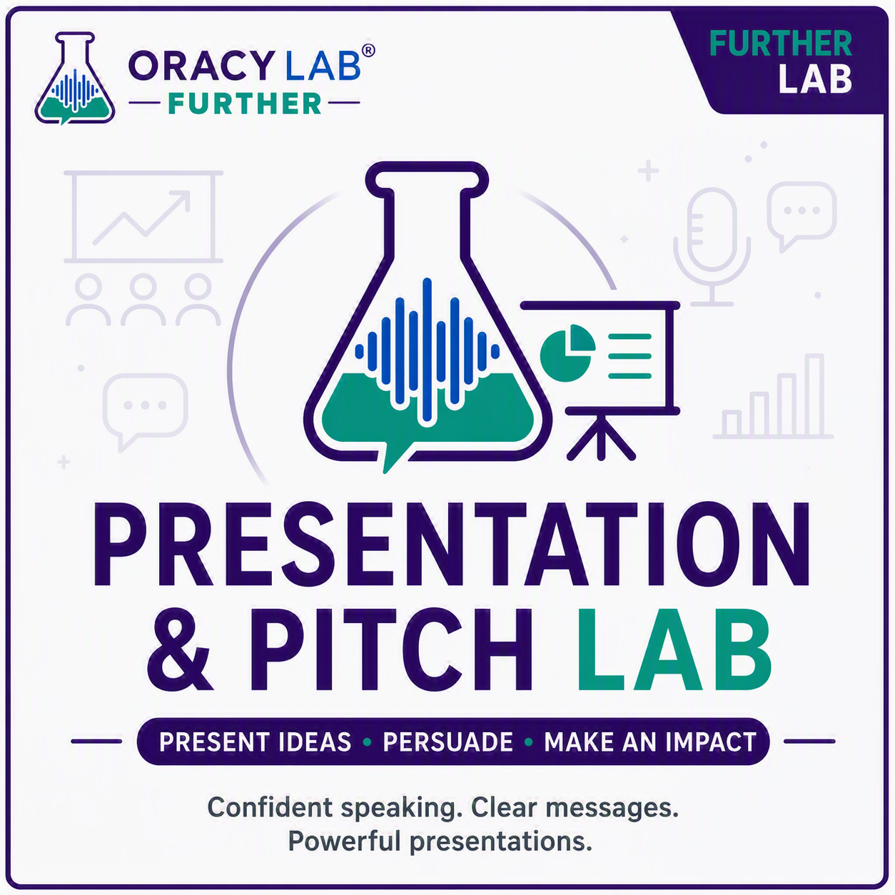 Cover for a presentation and pitch lab event, featuring a large outline of a laboratory flask with audio wave and bar chart inside, surrounded by icons of a microphone, speech bubbles, and bar graphs. The text reads 'ORACY LAB FURTHER', 'PRESENTATION & PITCH LAB', and 'Present ideas, persuade, make an impact. Confident speaking. Clear messages. Powerful presentations.'