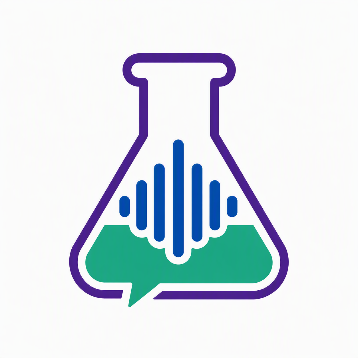 Stylized laboratory flask with sound wave lines inside and a speech bubble base, symbolizing scientific communication or data analysis.