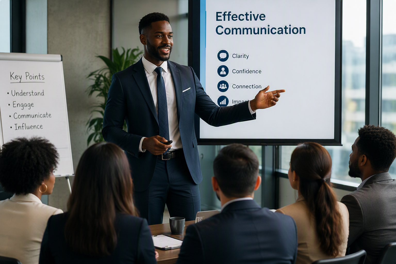 A man in a suit gives a presentation on effective communication to a group in a conference room.