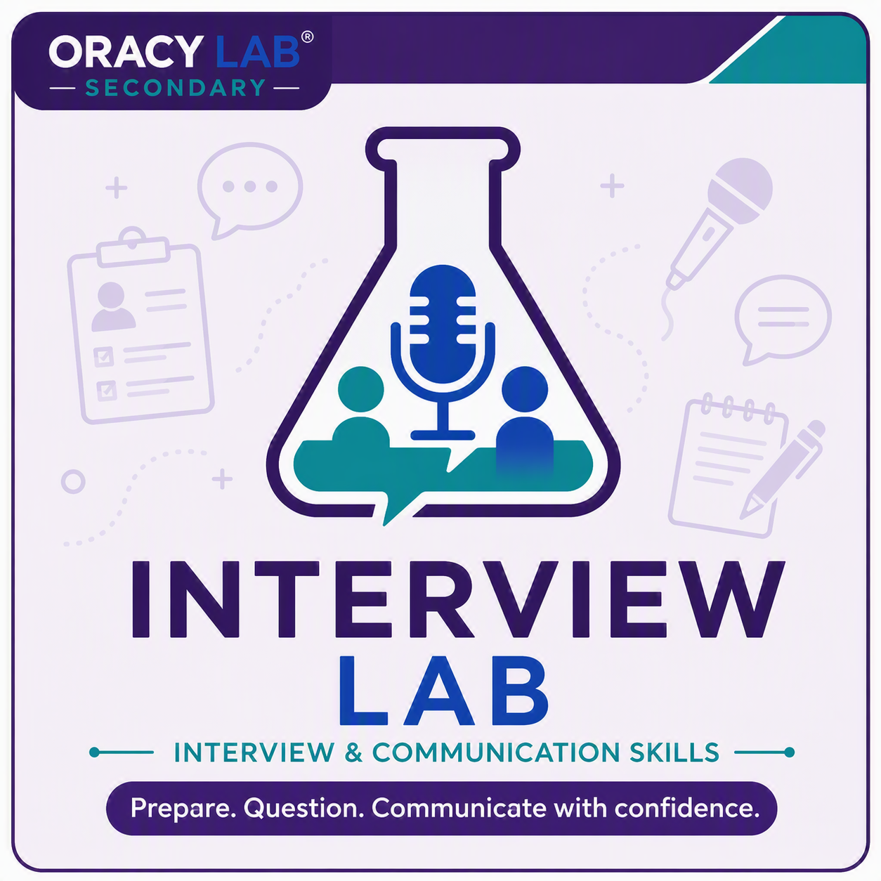 A graphic design for an interview skills training program called 'Interview Lab Secondary.' It features a lab flask with a microphone inside and two people talking, representing communication skills. The background includes icons of a clipboard, speech bubbles, a microphone, a notepad, and a pen. The text emphasizes preparing questions and communicating with confidence.