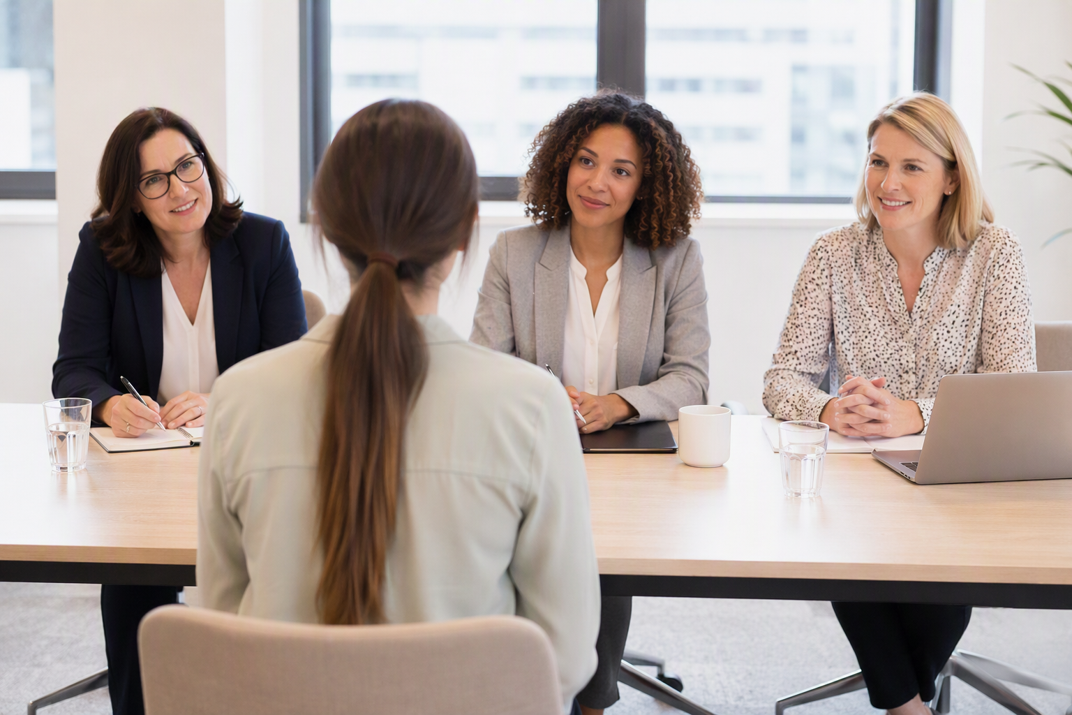 Four women sitting at a conference table in a business meeting, engaging in conversation.