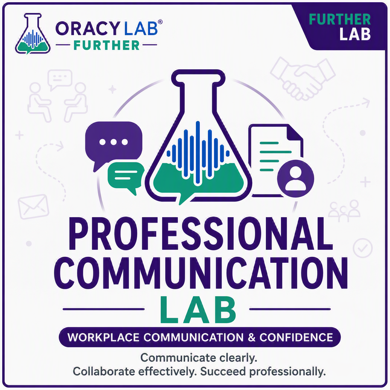 Packaging for the Professional Communication Lab by Oracy Lab, featuring icons of speech bubbles, a test tube, documents, and handshake, emphasizing workplace communication and confidence.