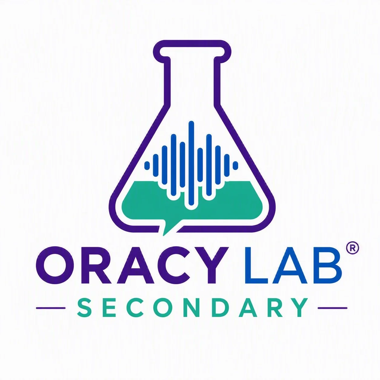 Logo for ORACY LAB Secondary with a stylized laboratory flask containing a waveform, in purple, blue, and green colors.