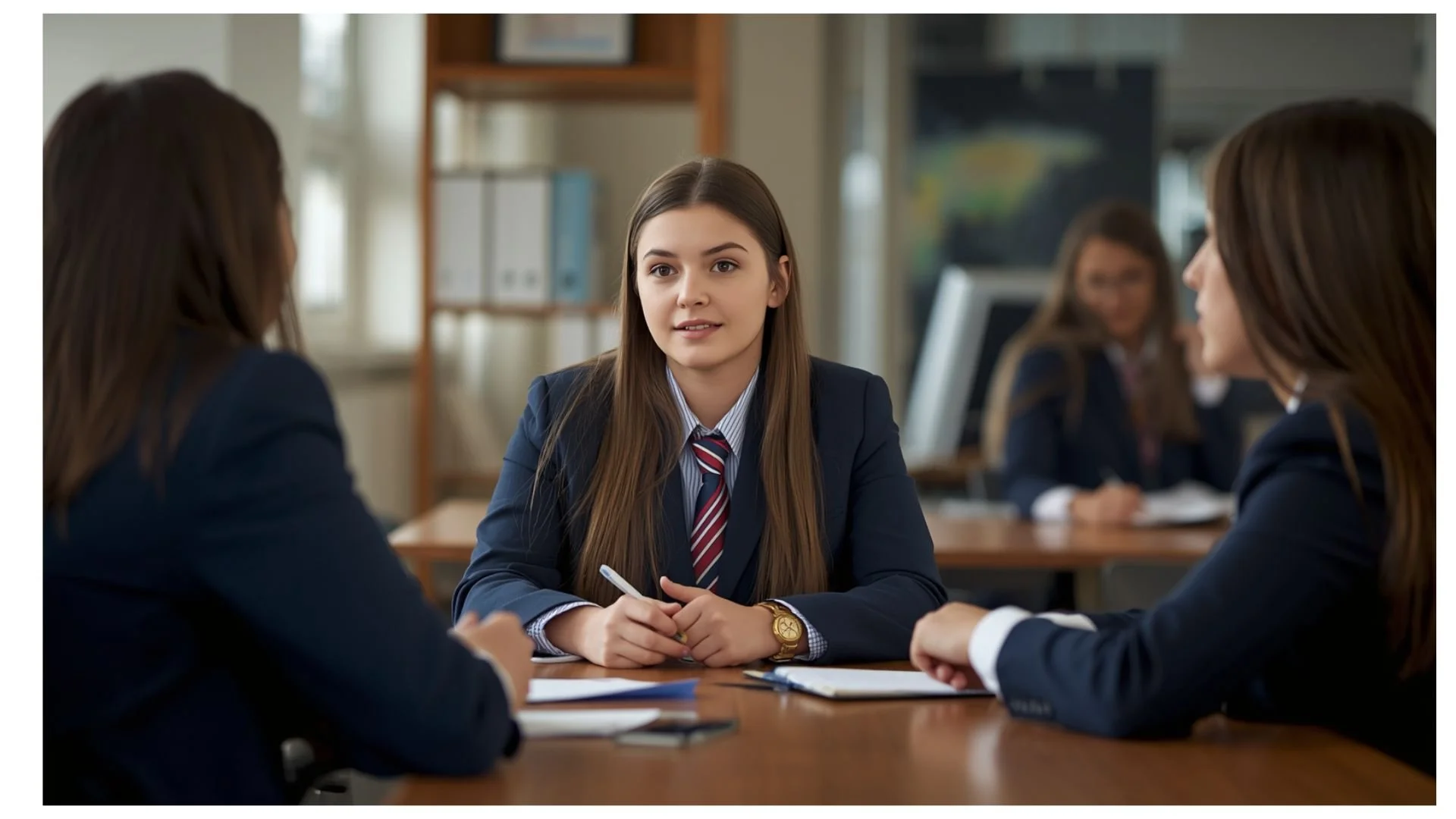 A young woman in a business suit sitting at a table in a conference room, conversing with three other women, one of whom is partly visible in the foreground. The women are dressed professionally and appear to be engaged in a discussion.