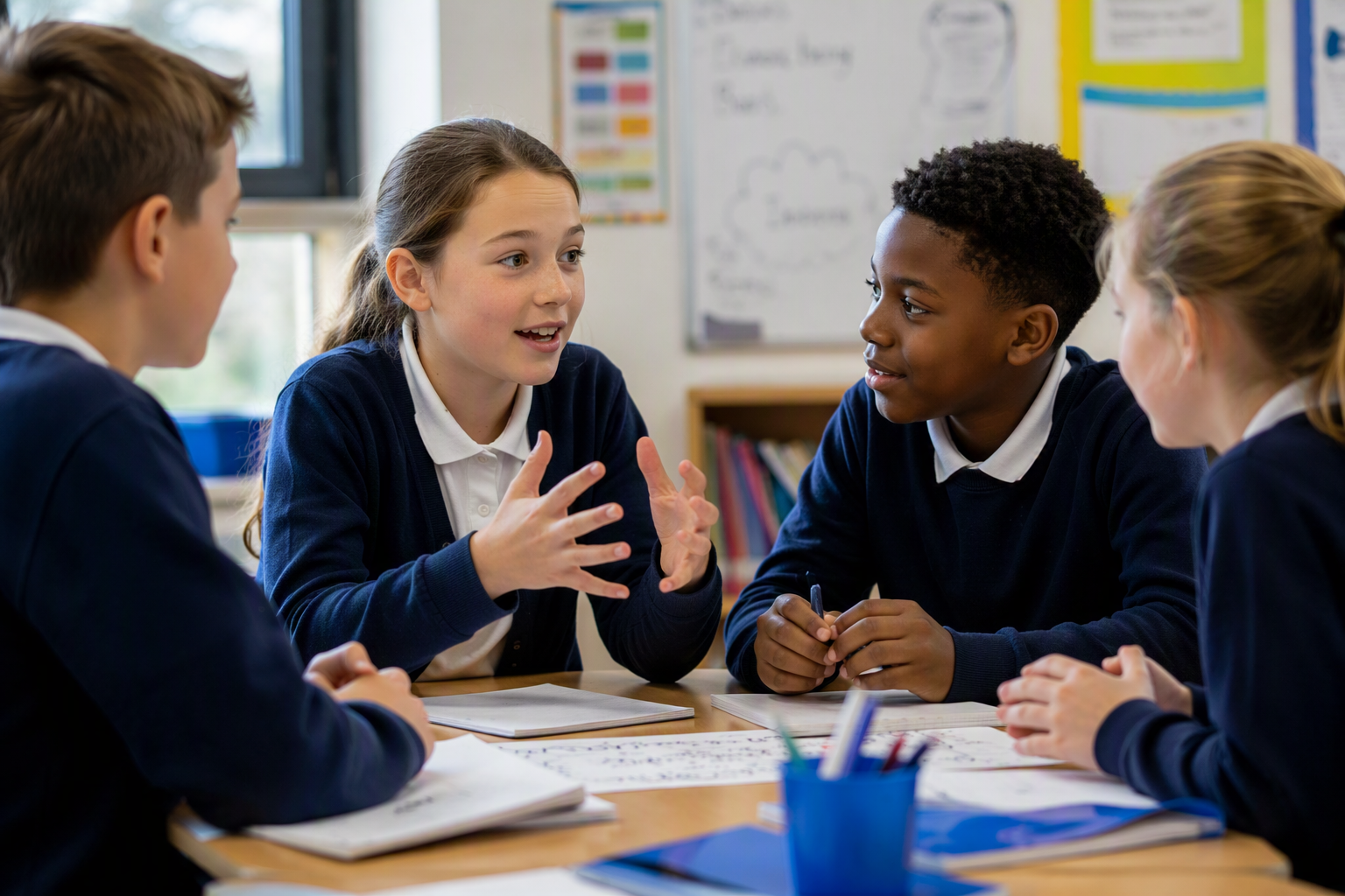 Four students in school uniforms having a discussion at a table in a classroom, with notebooks and pens in front of them.