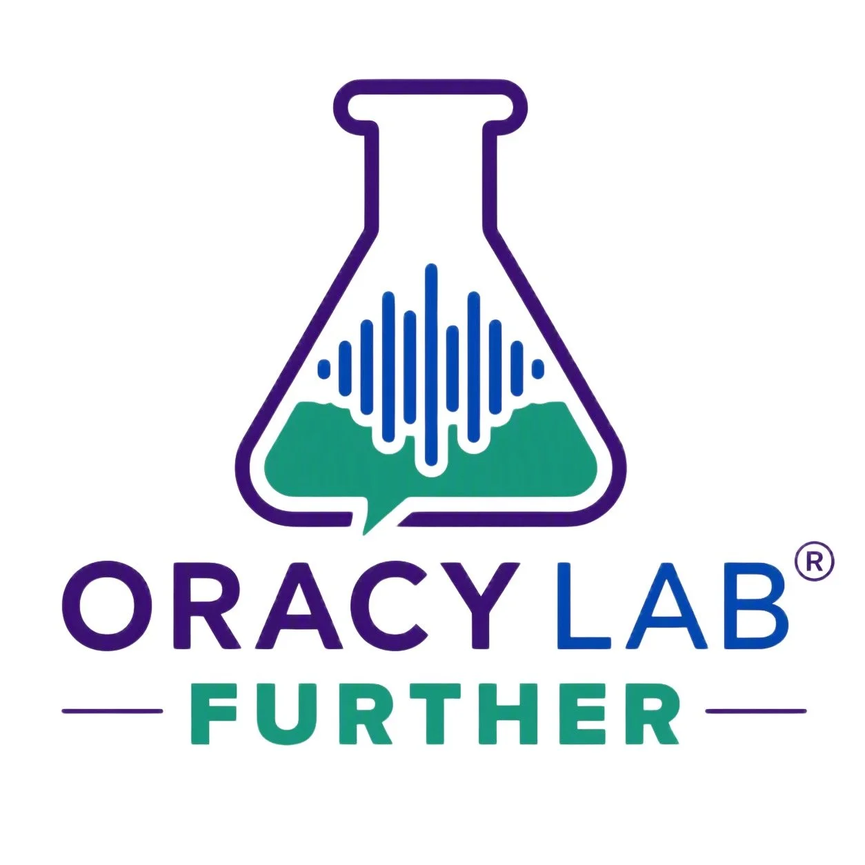 Logo for ORACY LAB FURTHER featuring a laboratory flask with sound wave lines and a speech bubble inside, with the text 'ORACY LAB' and 'FURTHER' underneath.