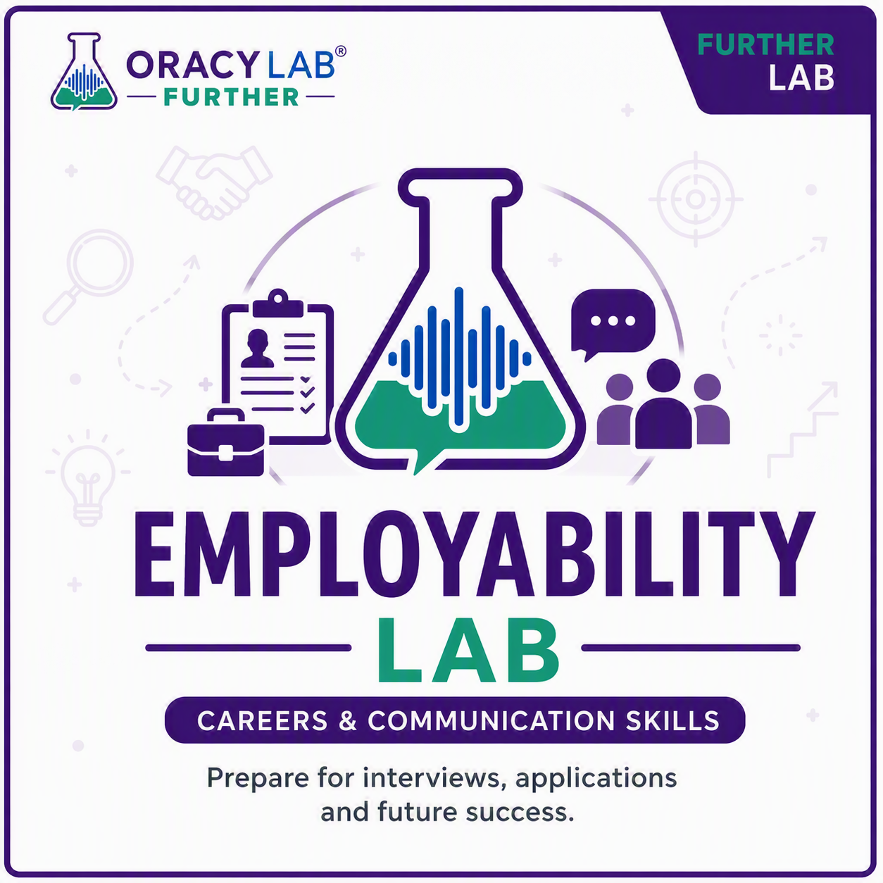 Information card for 'Employability Lab' by Oracy Lab Further, featuring icons of a beaker with sound waves, a speech bubble, people talking, a resume, a briefcase, and background icons of a lightbulb, magnifying glass, handshake, and target, emphasizing careers, communication, and future success.