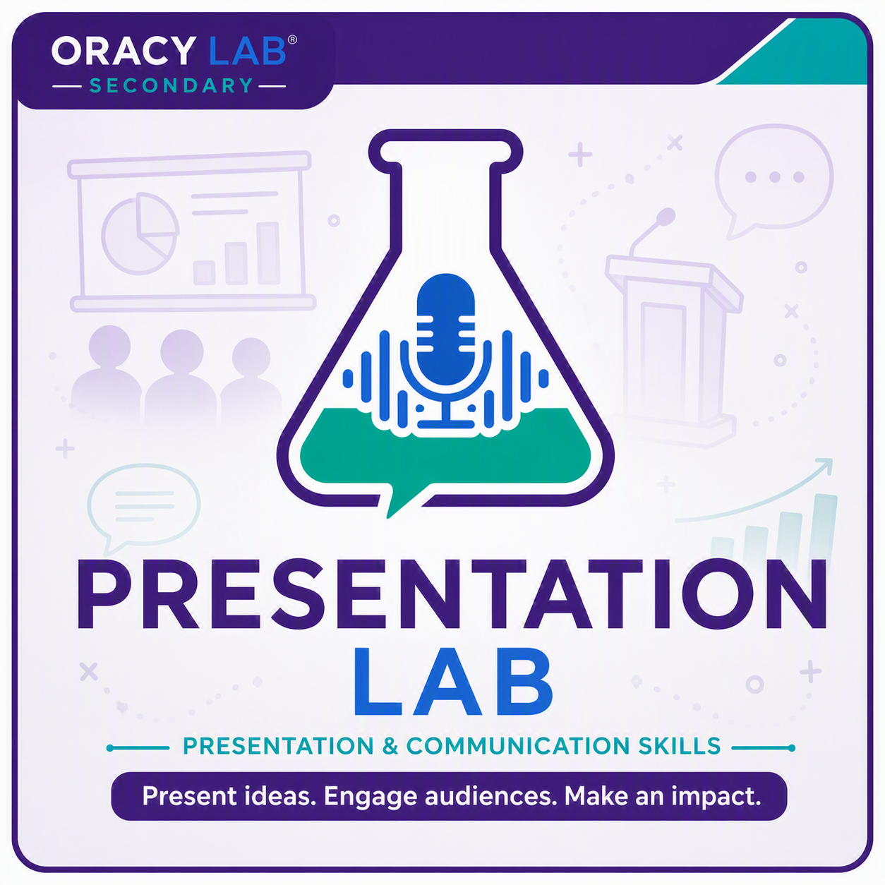 Cover of a presentation lab booklet featuring a laboratory flask with a microphone and sound waves inside. The title reads 'Presentation Lab' with a subtitle 'Presentation & Communication Skills' and the tagline 'Present ideas. Engage audiences. Make an impact.' The top corner has the text 'Oracy Lab Secondary' and faint icons of a presentation chart, people, speech bubbles, and a podium are in the background.
