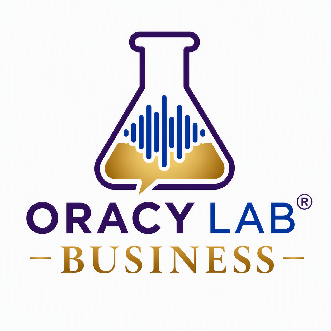 Logo of ORACY LAB BUSINESS, featuring a stylized laboratory flask with a waveform inside, and the company name below with 'ORACY LAB' in dark purple and blue, and 'BUSINESS' in gold.