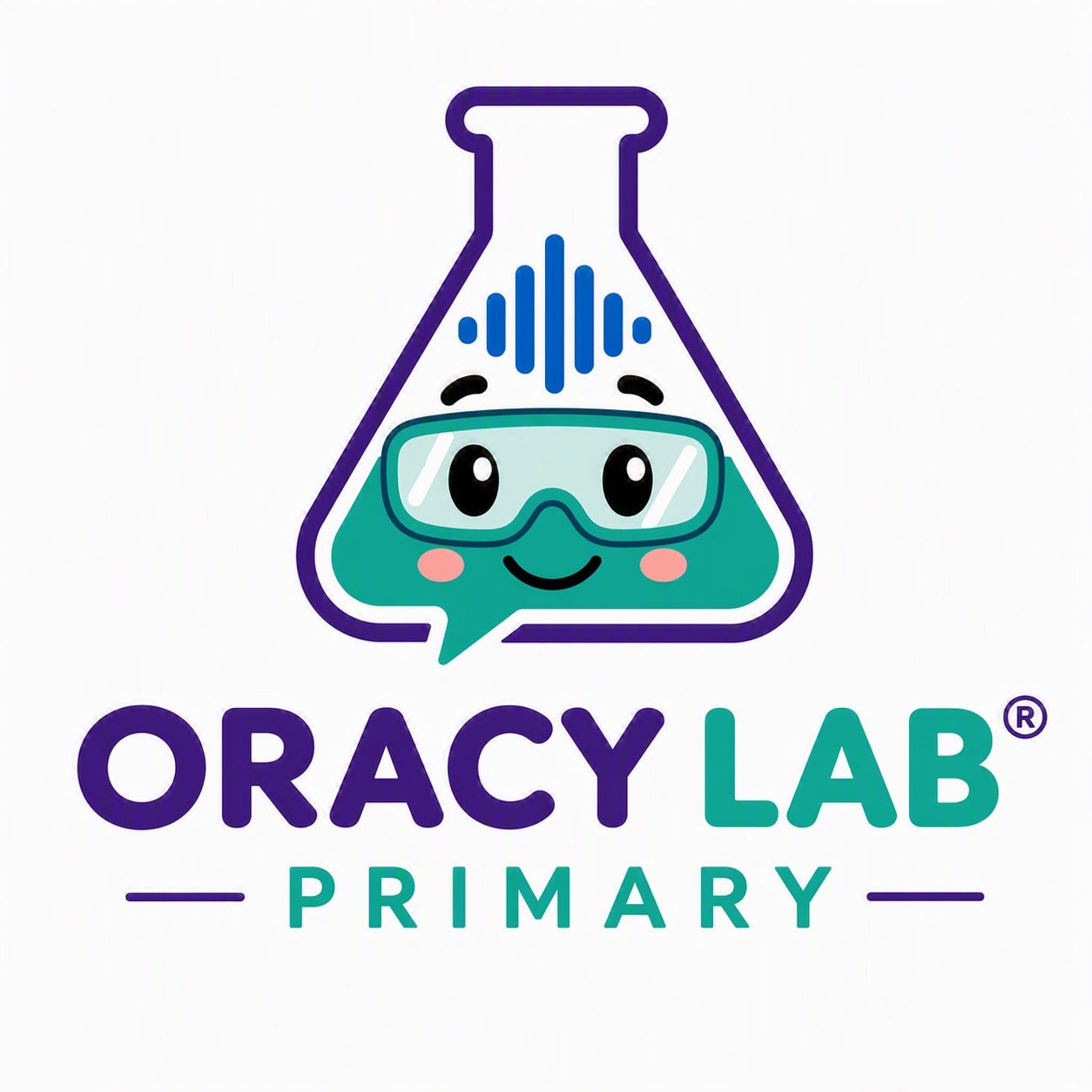 Logo for ORACY LAB PRIMARY featuring a smiling laboratory flask with a face, glasses, and rosy cheeks, with the text 'ORACY LAB PRIMARY' underneath.