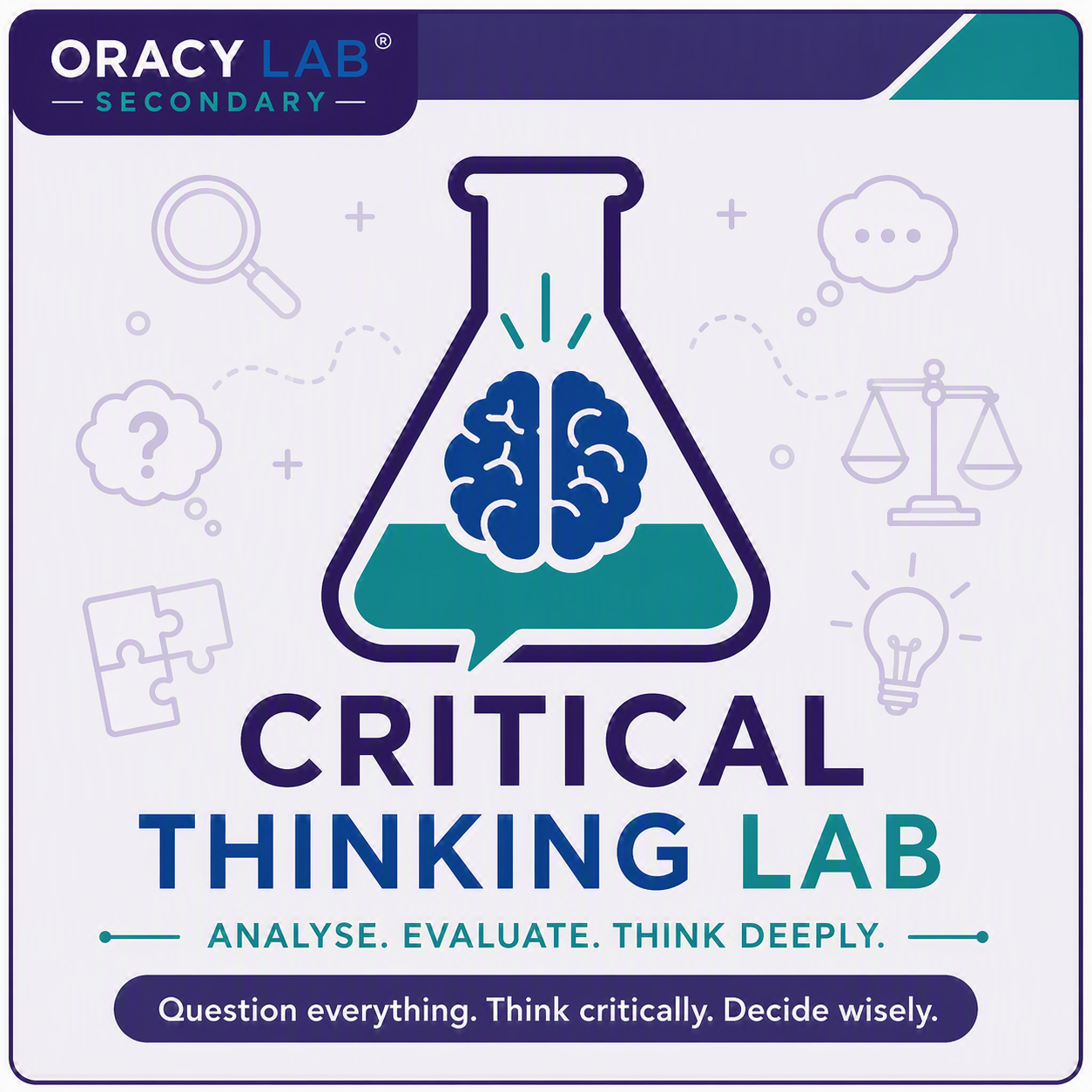 Front of a sign for an 'Oracy Lab Secondary' with a beaker containing a brain illustration, and the words 'Critical Thinking Lab'. Additional icons in the background include a magnifying glass, speech bubble, scales, puzzle pieces, light bulb, and question mark. The sign emphasizes the analysis, evaluation, and deep thinking, encouraging questioning and critical decision-making.