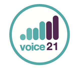 Logo with ascending bars, the text 'voice 21' below, all within a circle.