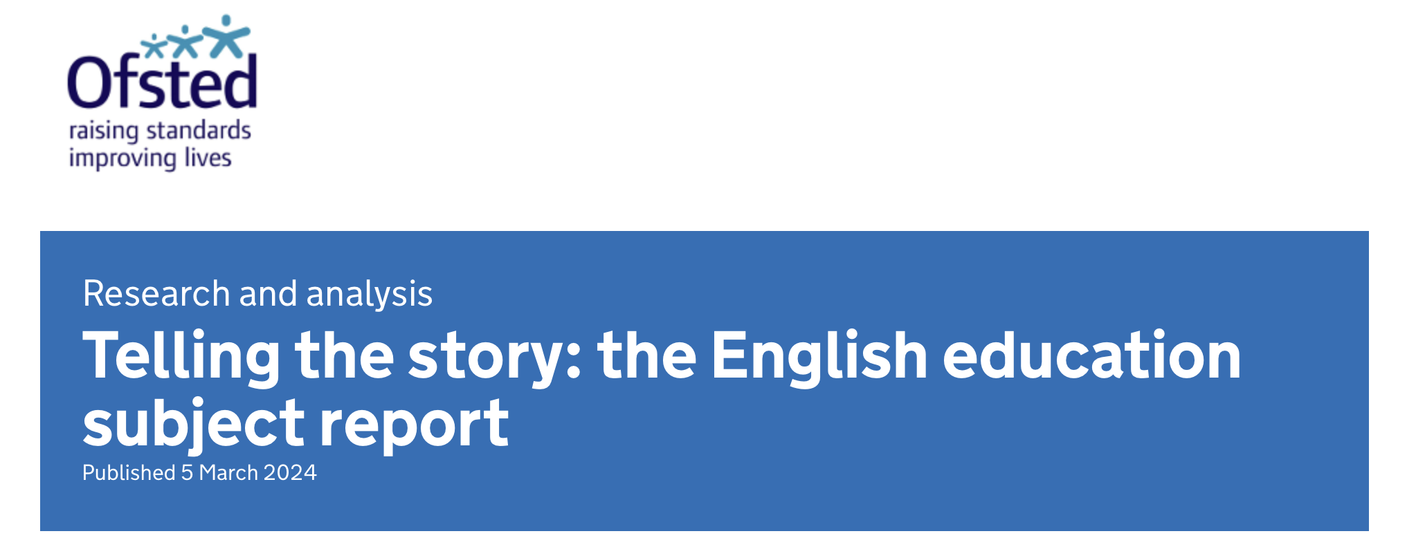 Cover page of a research report titled "Telling the story: the English education subject report" published by Ofsted on March 5, 2024, with the Ofsted logo and the tagline "raising standards improving lives."