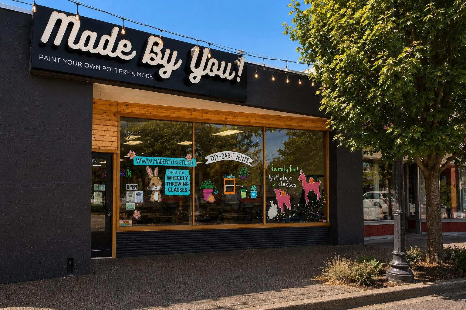 Daylight exterior of Made By You pottery and creative studio at 715 Main Street in Springfield, Oregon.