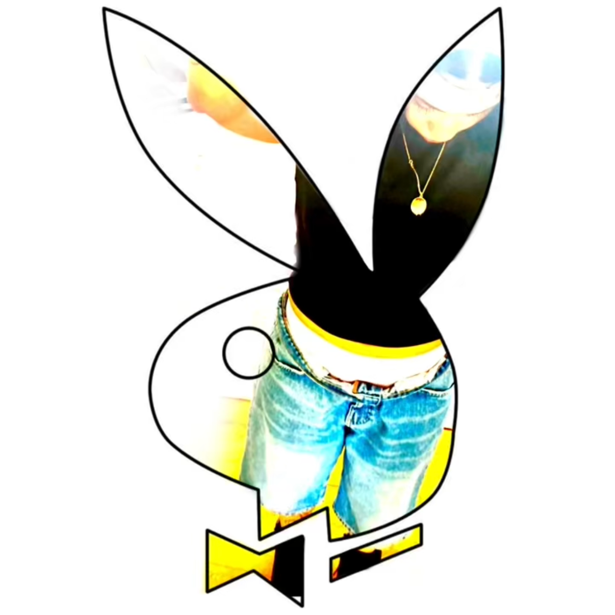 A person wearing a black top, blue jeans, and a gold necklace, with the image creatively edited to give the appearance of butterfly wings.