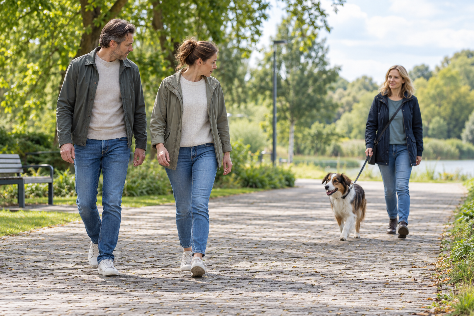 Drei Menschen gehen mit einem Hund auf einem Weg durch einen sonnigen Park.