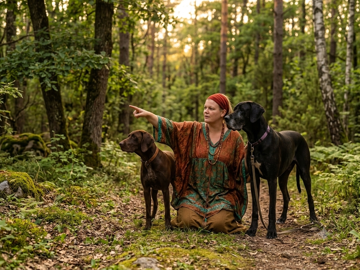 Frau mit zwei Hunden auf einem Waldweg, die in einen sonnendurchfluteten Wald zeigt