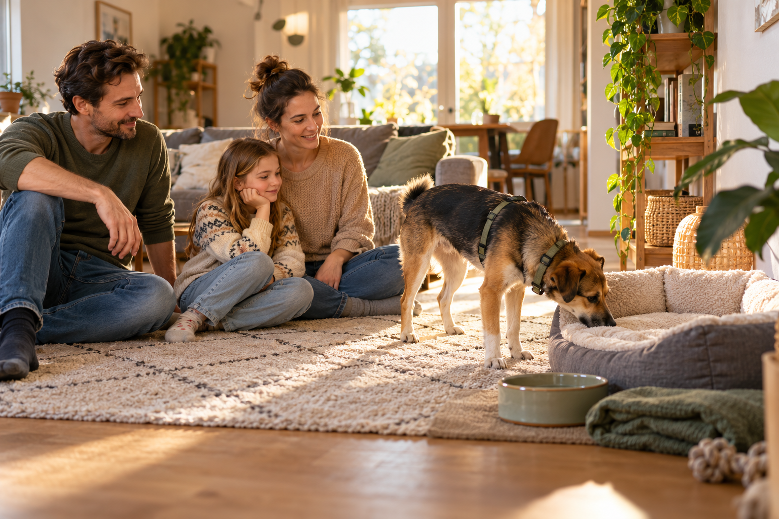 Familie mit Tochter und Hund in einem hellen Wohnzimmer