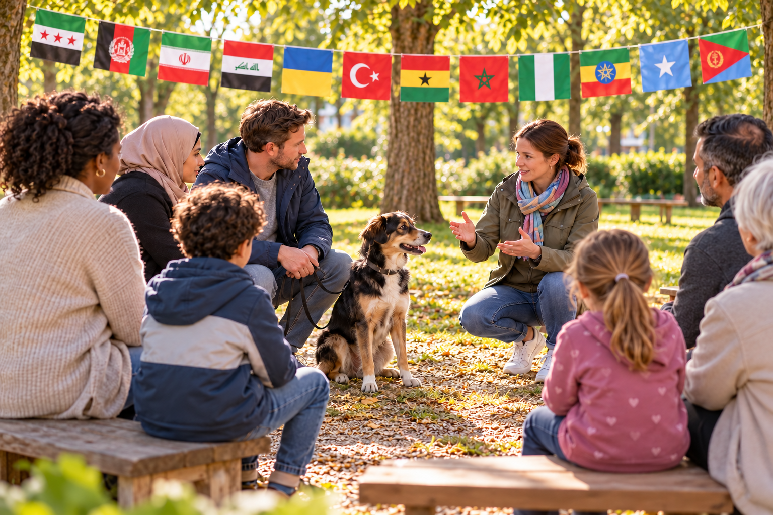 Internationale Gruppe sitzt mit einem Hund im Park unter einer Girlande verschiedener Nationalflaggen.