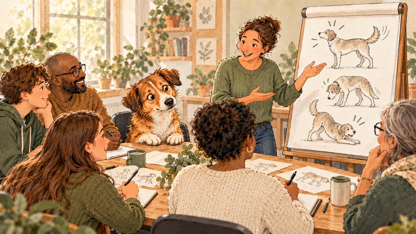 Illustration einer Hundetrainingsgruppe mit Hund, Menschen und Flipchart mit verschiedenen Hundezeichnungen