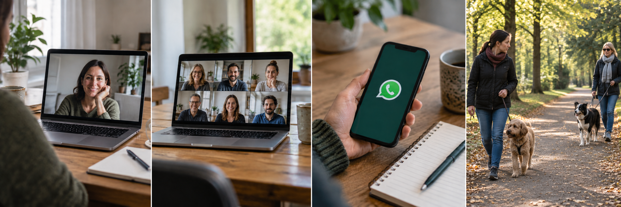 Collage mit Videokonferenz am Laptop, WhatsApp auf dem Smartphone und zwei Frauen mit Hunden beim Spaziergang im herbstlichen Park