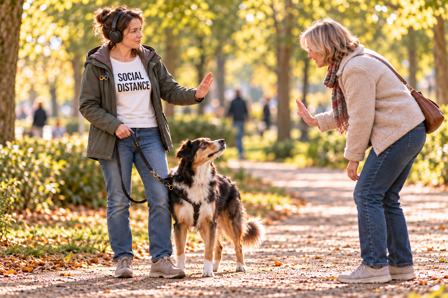 Zwei Frauen halten beim Spaziergang im Herbstpark mit einem Hund Abstand; eine trägt ein T-Shirt mit der Aufschrift „Social Distance“.