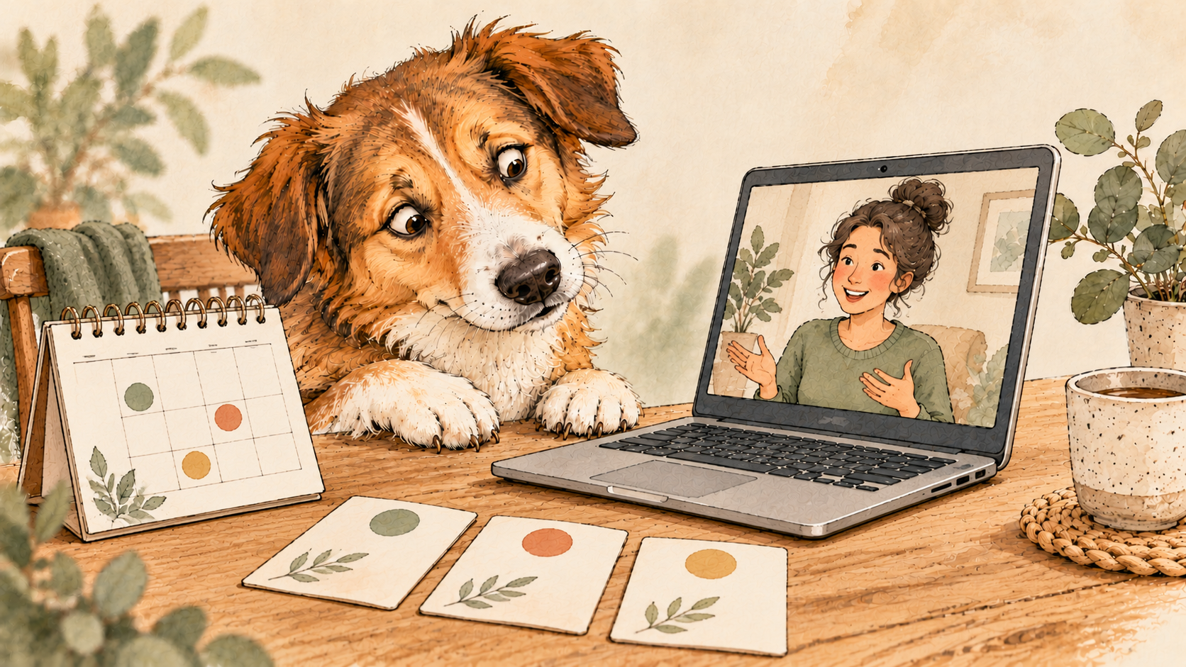 Illustration eines freundlichen Hundes neben Kalender, Karten und Laptop mit einer sprechenden Frau in einer Videokonferenz