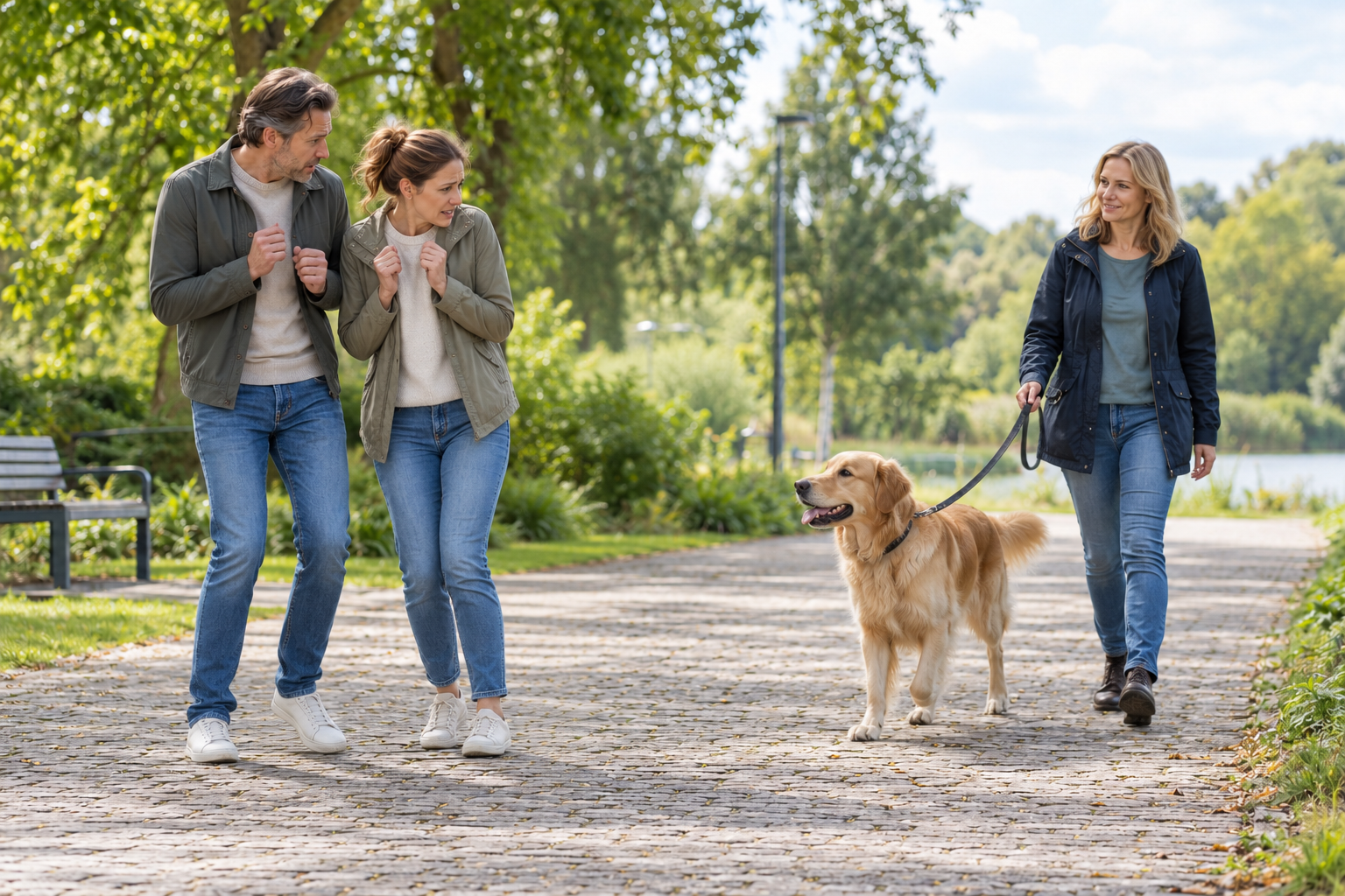 Drei Menschen mit einem Golden Retriever beim Spaziergang auf einem Parkweg am See