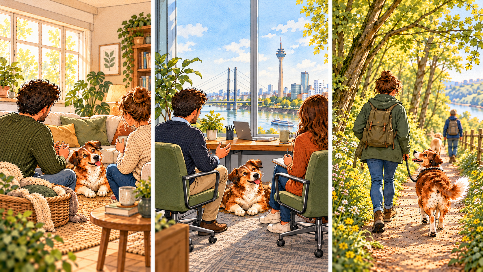 Illustration eines Paares mit Hund zu Hause, bei der Arbeit mit Blick auf eine Stadt am Fluss und beim Spaziergang im Wald