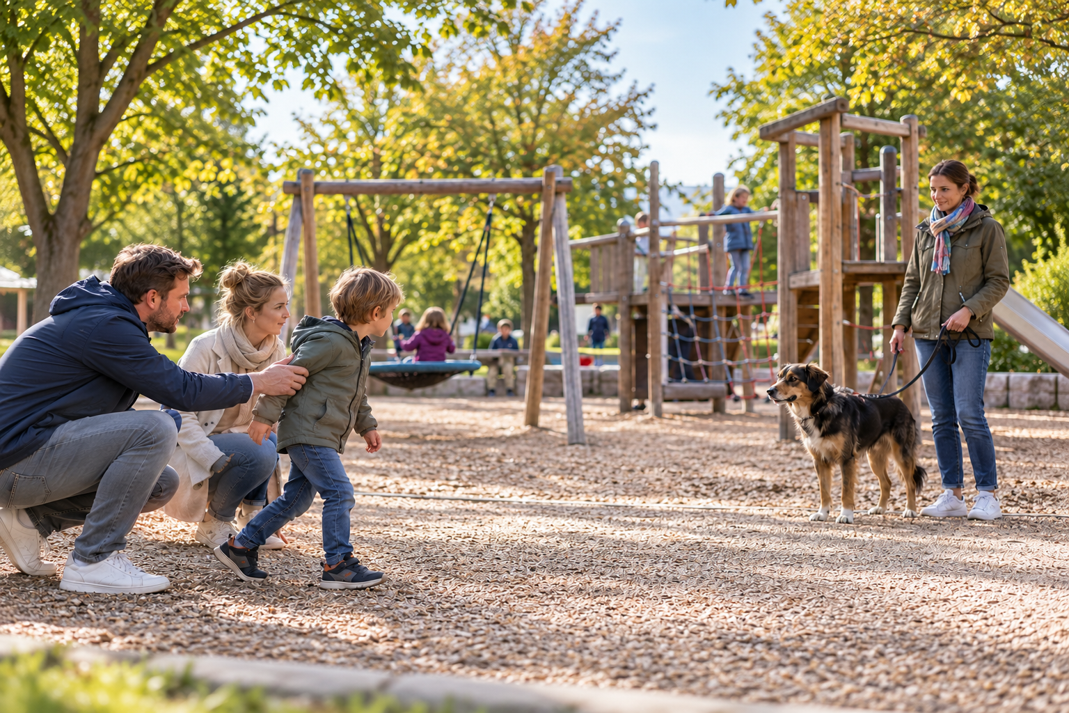 Familie auf einem Spielplatz mit Klettergerüst und Schaukeln, während eine Frau einen Hund an der Leine führt.