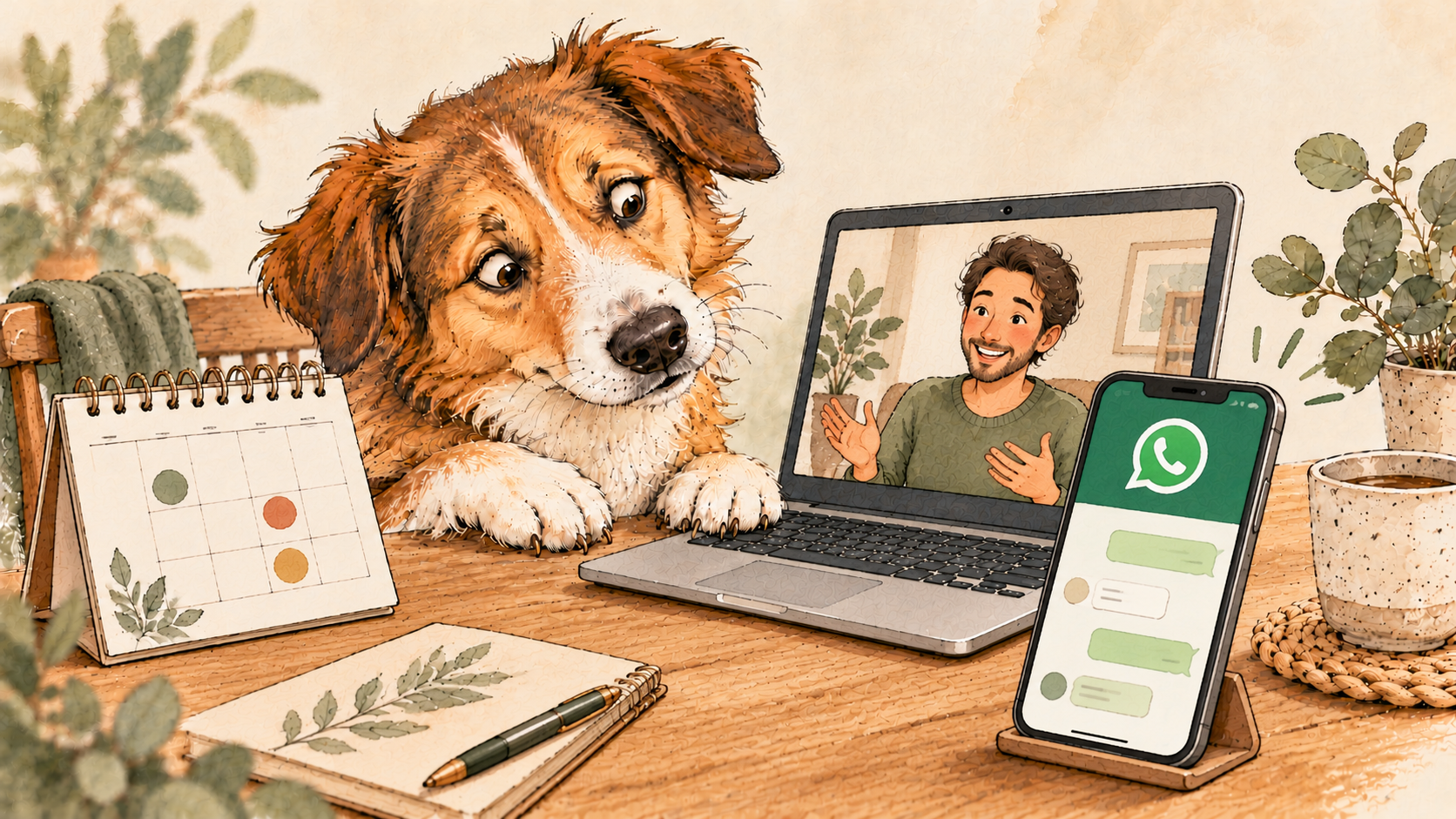 Illustration eines Hundes neben Kalender, Laptop mit Videoanruf und Smartphone mit WhatsApp-Nachrichten auf einem Schreibtisch