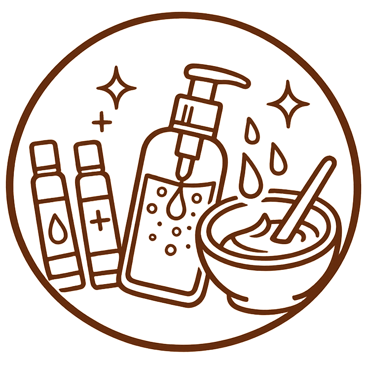 Line drawing of skincare products including a pump bottle, two test tubes with liquid, and a bowl with a stirring stick, surrounded by sparkles.