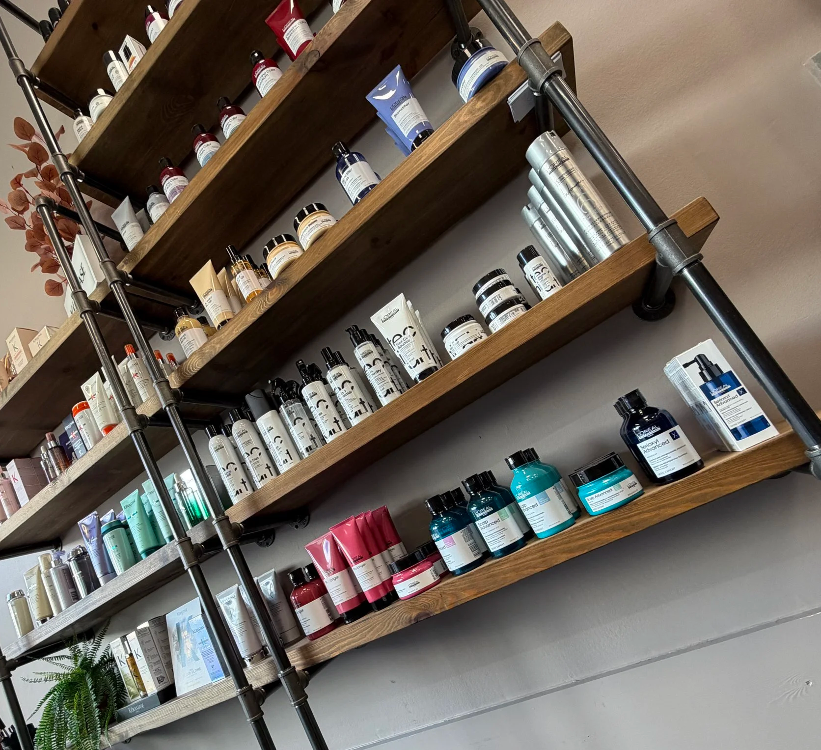 Shelves with various jars and bottles of color and hair care products inside a store.