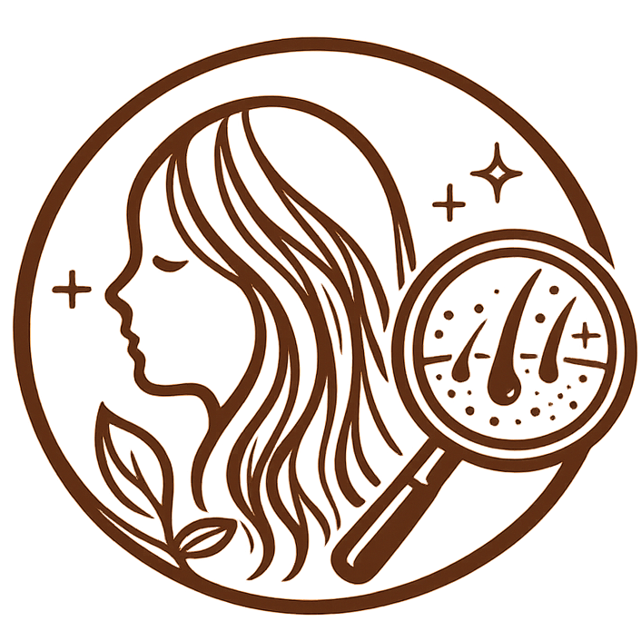 Line drawing of a woman with long hair looking at a mirror, surrounded by leaves, with sparkles around her face and a magnifying glass showing skin pores or texture.