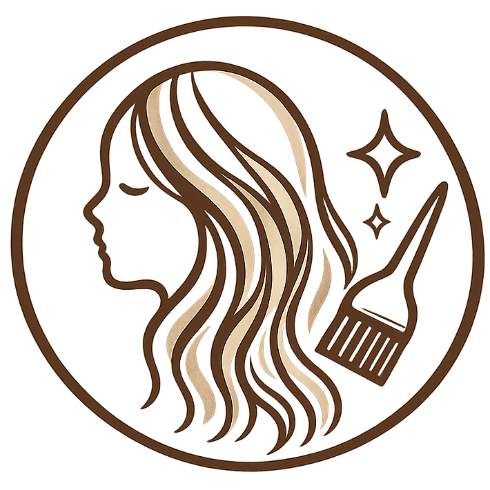 Logo of a woman's face in profile with long, wavy hair, surrounded by stars and a hair dye brush.