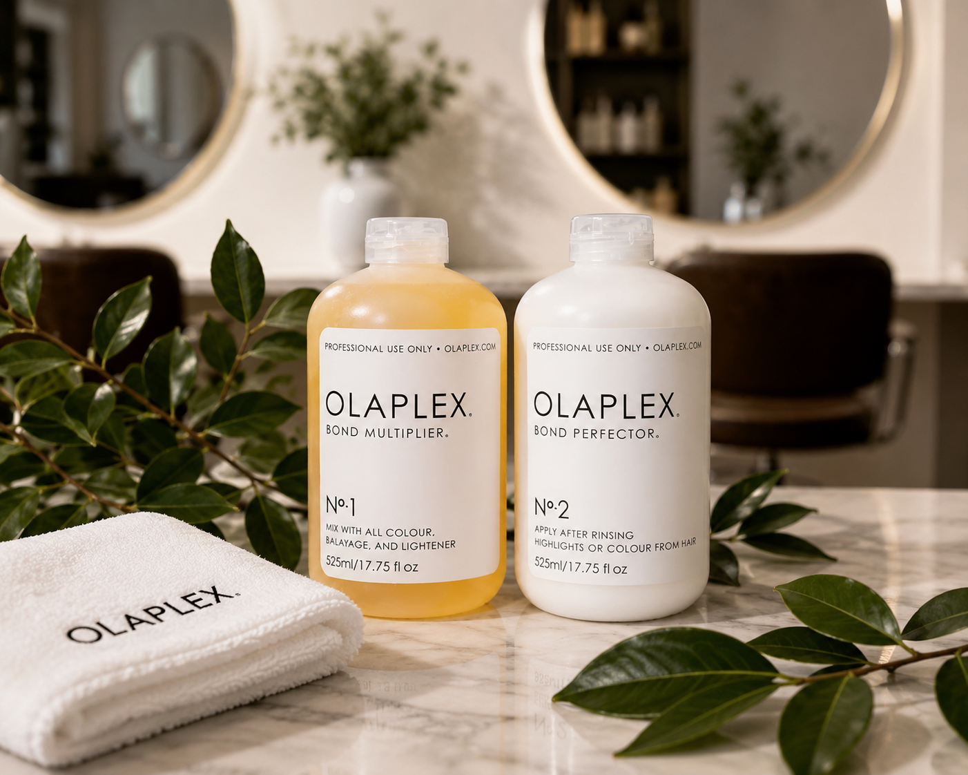 Two bottles of OLAPLEX hair treatment products, Bond Multiplier and Bond Perfector, on a marble countertop with green leaves, a white towel, and a salon mirror reflected in the background.