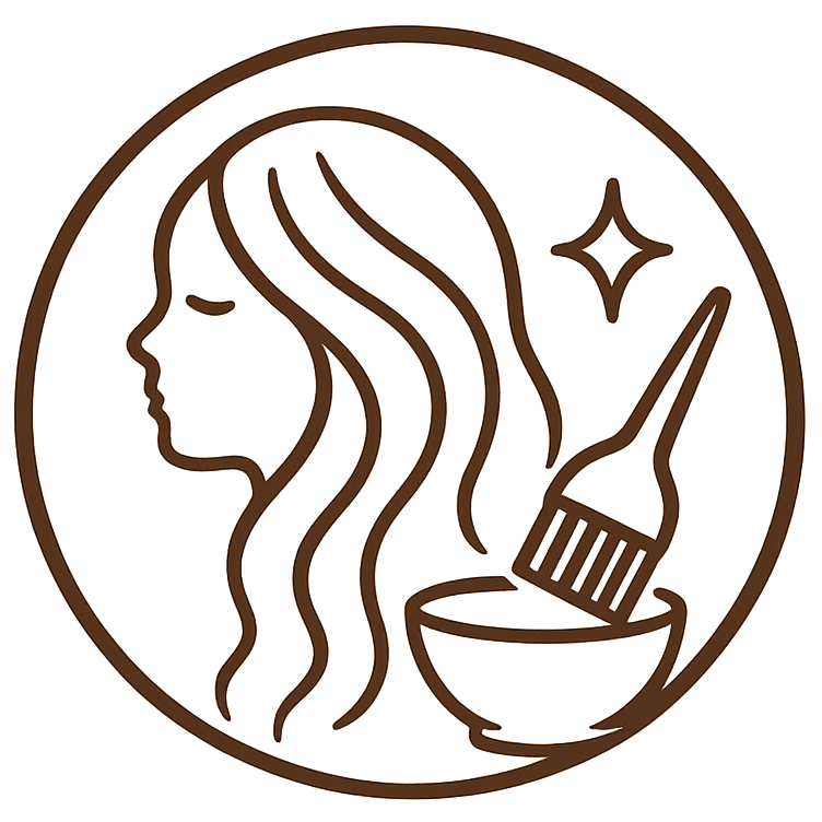 Line drawing of a woman's head with long flowing hair, a star sparkle, and a bowl with a brush inside it.