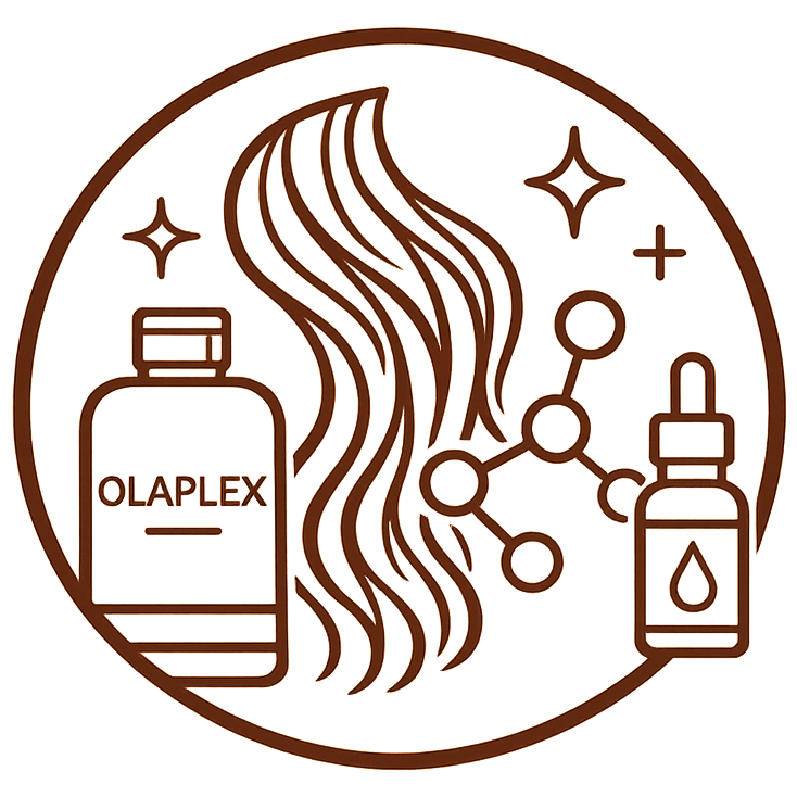 Line art illustration of hair care products, including a bottle labeled 'Olaplex', hair strands, molecular diagram, and a dropper bottle, within a circular frame with stars.
