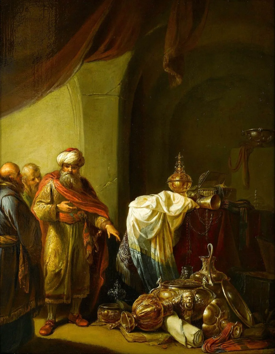 Een religieuze scène met een groep mensen die aandachtig kijken naar een offerande, met ornamenten en artistieke voorwerpen op een tafel.