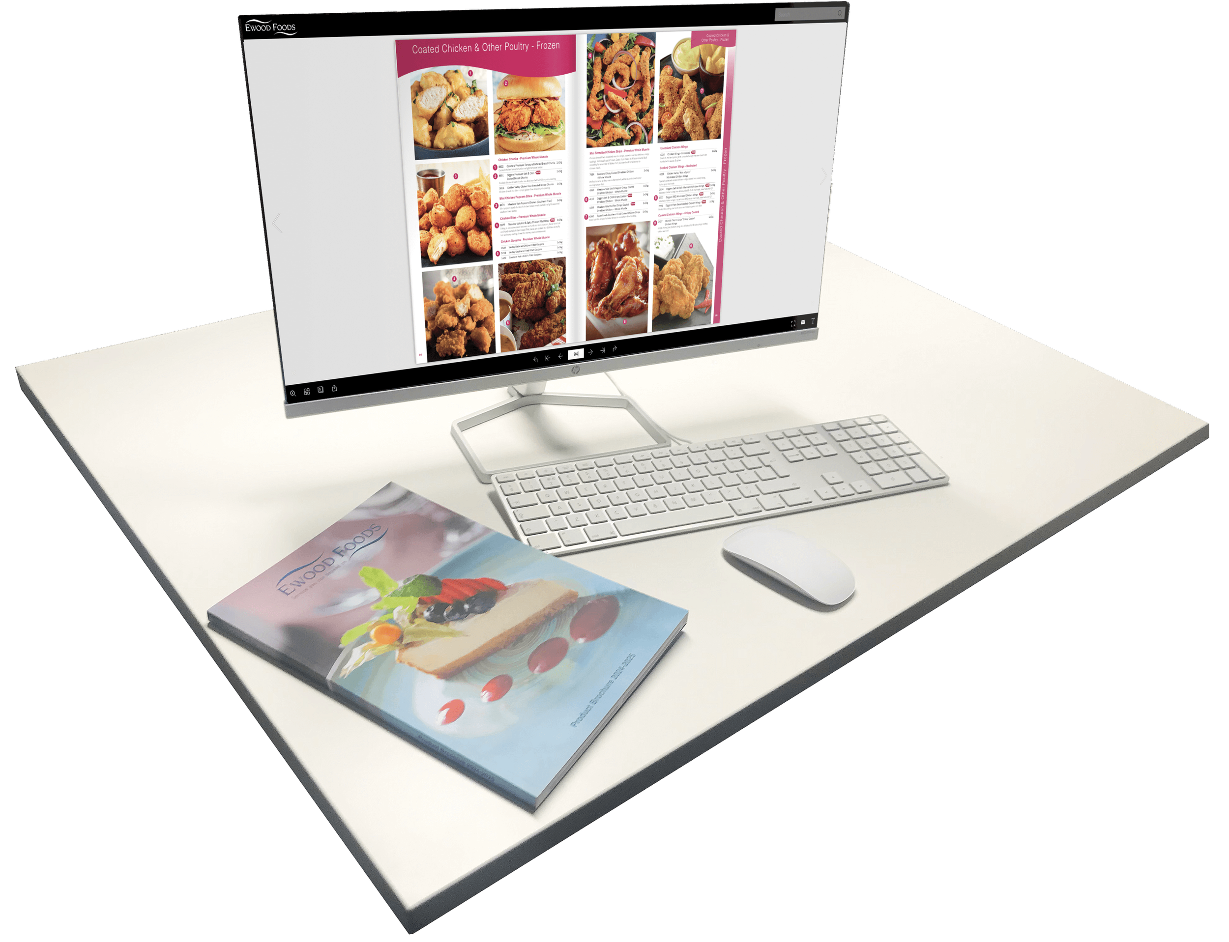 Ewood Foods printed catalogue on a desk and digital catalogue on a computer screen