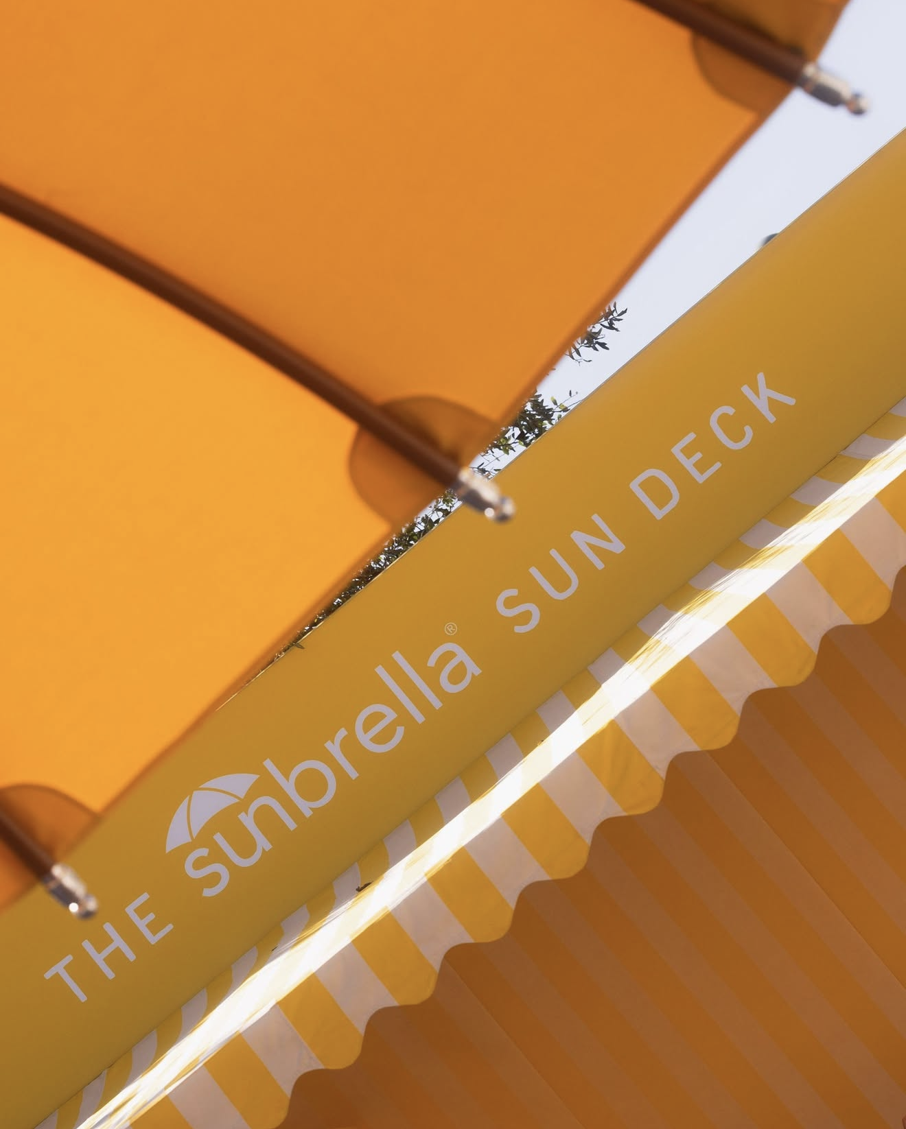 Close-up of a yellow sun umbrella with white text reading 'The umbrella sun deck' showing part of the umbrella's canopy and support poles.