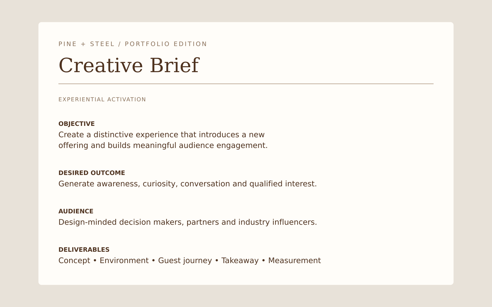 A strategic brief aligning the business objective, audience, desired outcome, core message, and experience requirements before creative development begins.