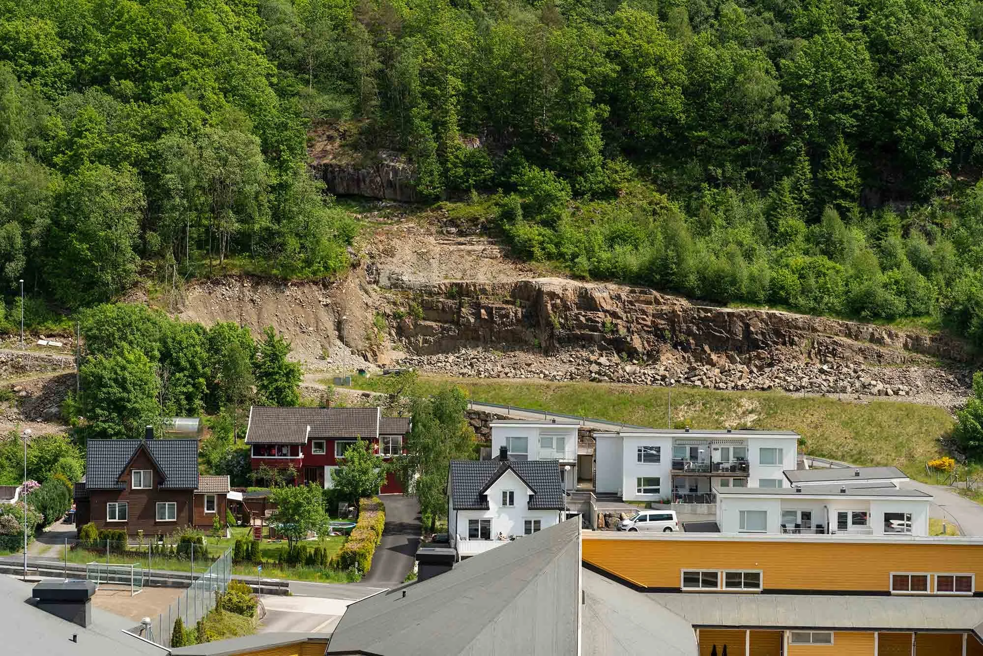Fler hus av ulike typer i en boligområde med grønne åser i bakgrunnen.